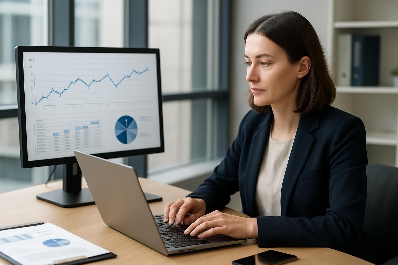 Data analyst working at a desk reviewing charts on a monitor in a professional office setting