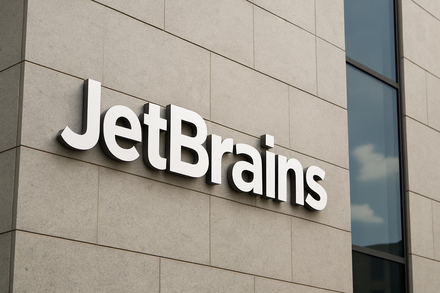 JetBrains logo displayed on a clean office building facade in a professional editorial photograph