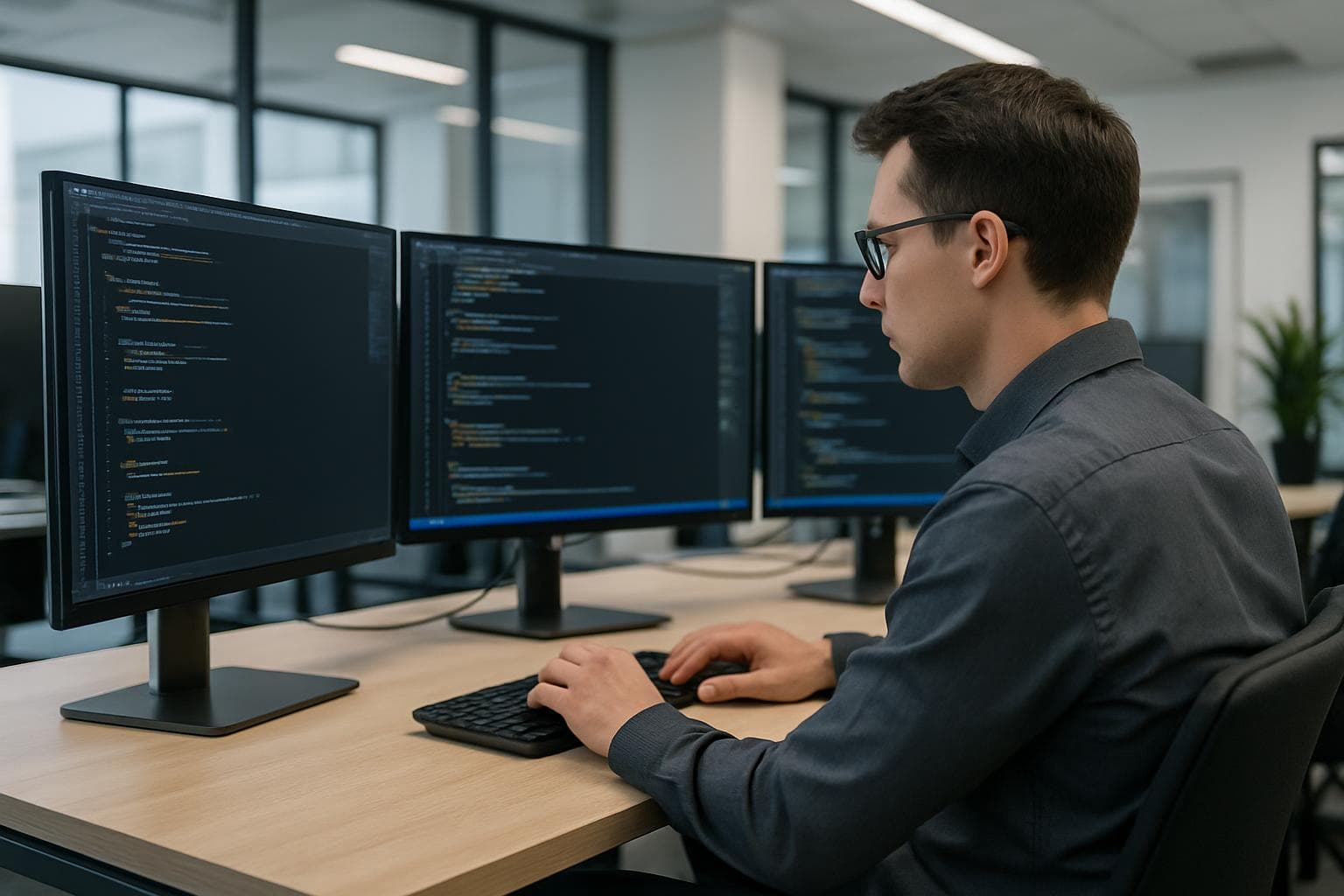 A data engineer working at a modern desk with multiple monitors showing code