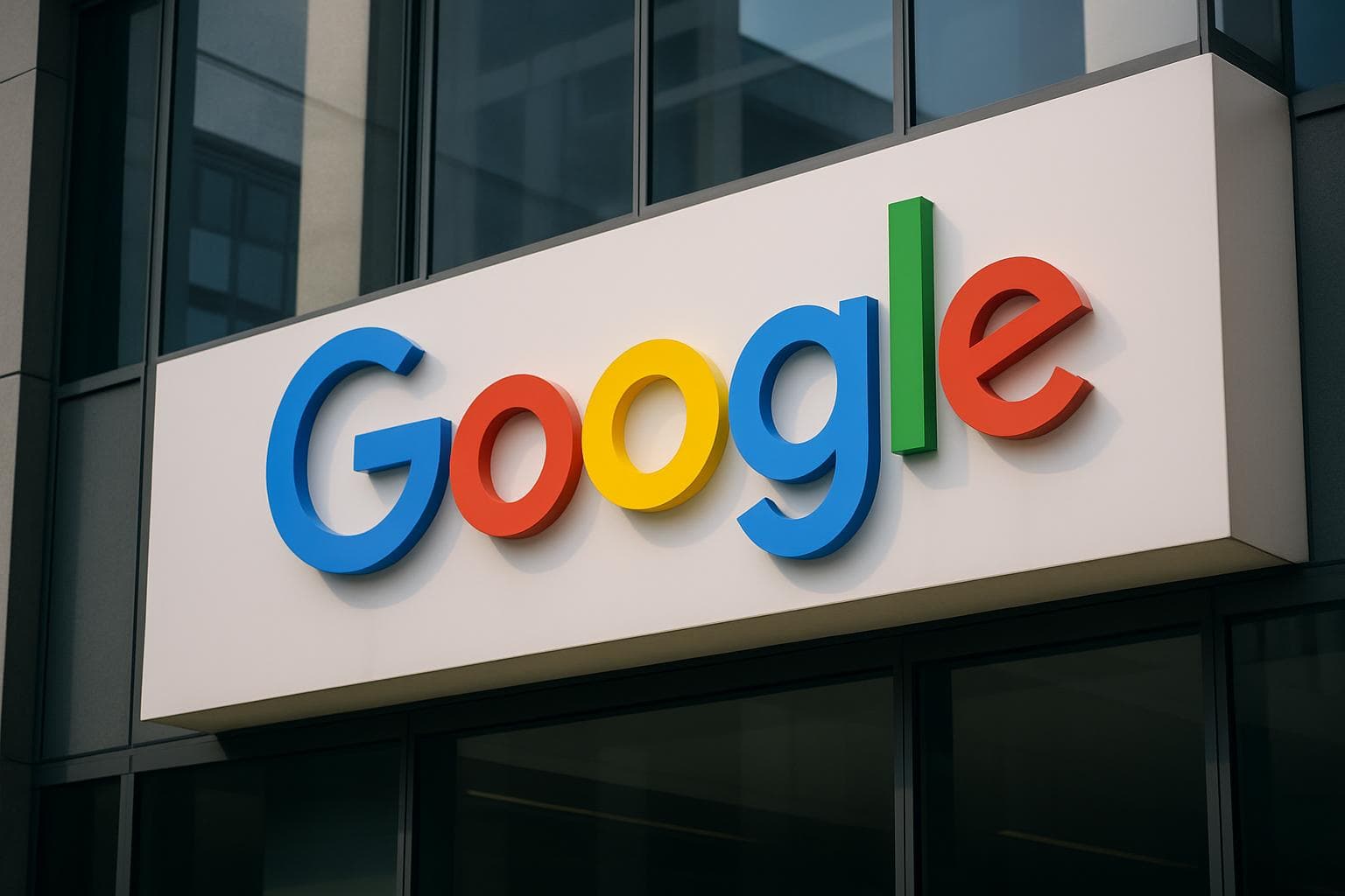 Google logo displayed on a clean office building facade