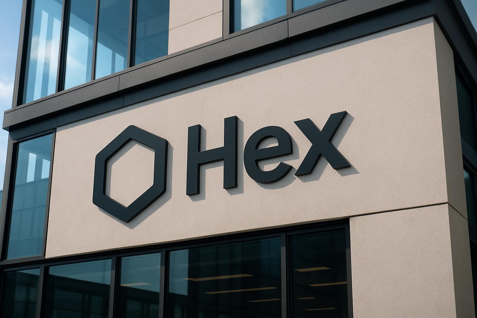 Hex logo displayed on a professional office setting representing the Hex data analytics platform