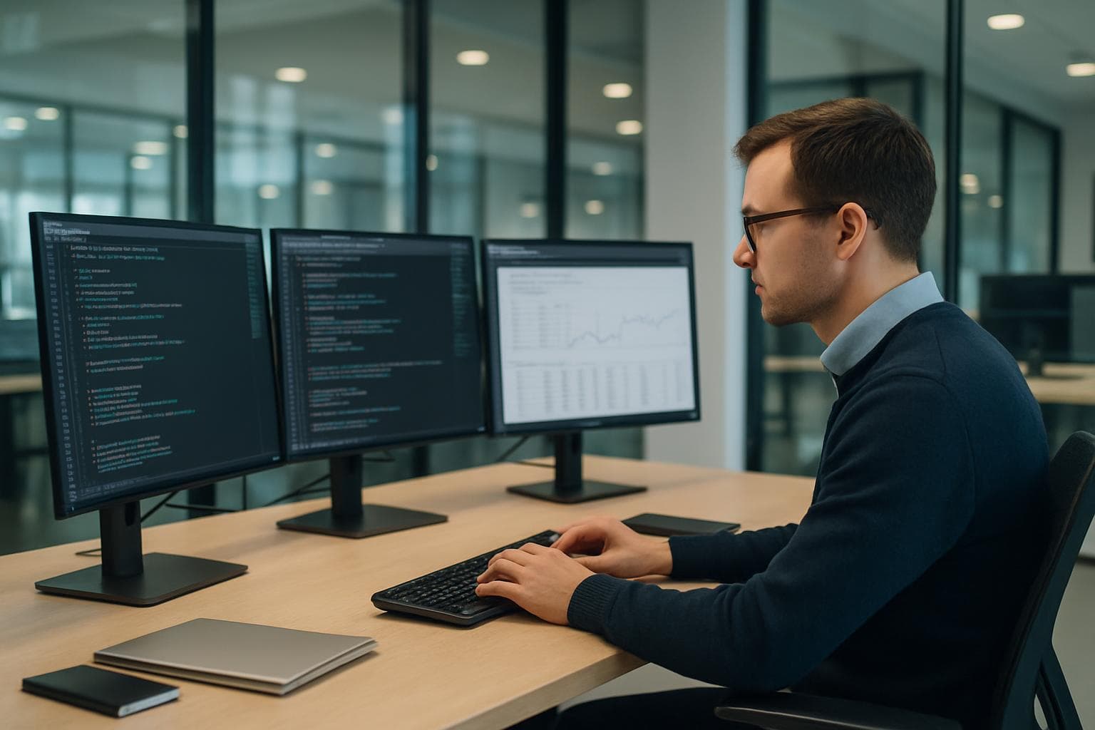 A data analyst working at a modern desk with multiple monitors showing code and data visualizations