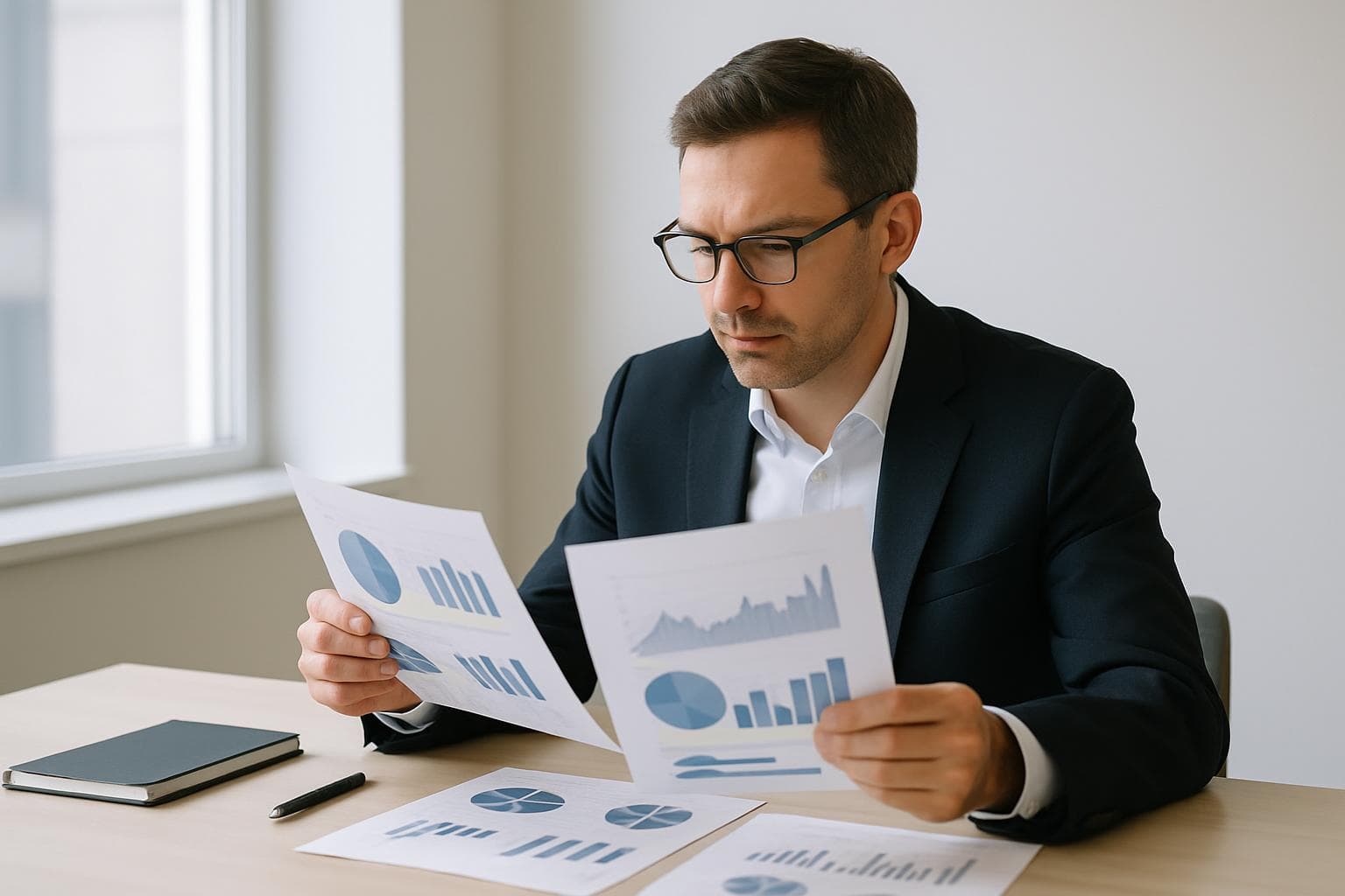 A professional analyst reviewing data reports on a modern desk