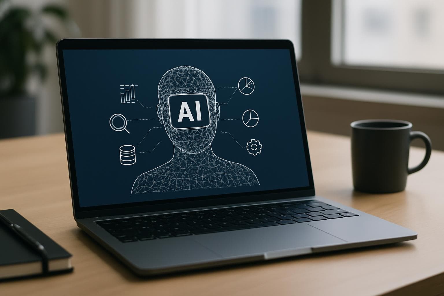 A professional editorial scene representing AI-driven data analysis for business users