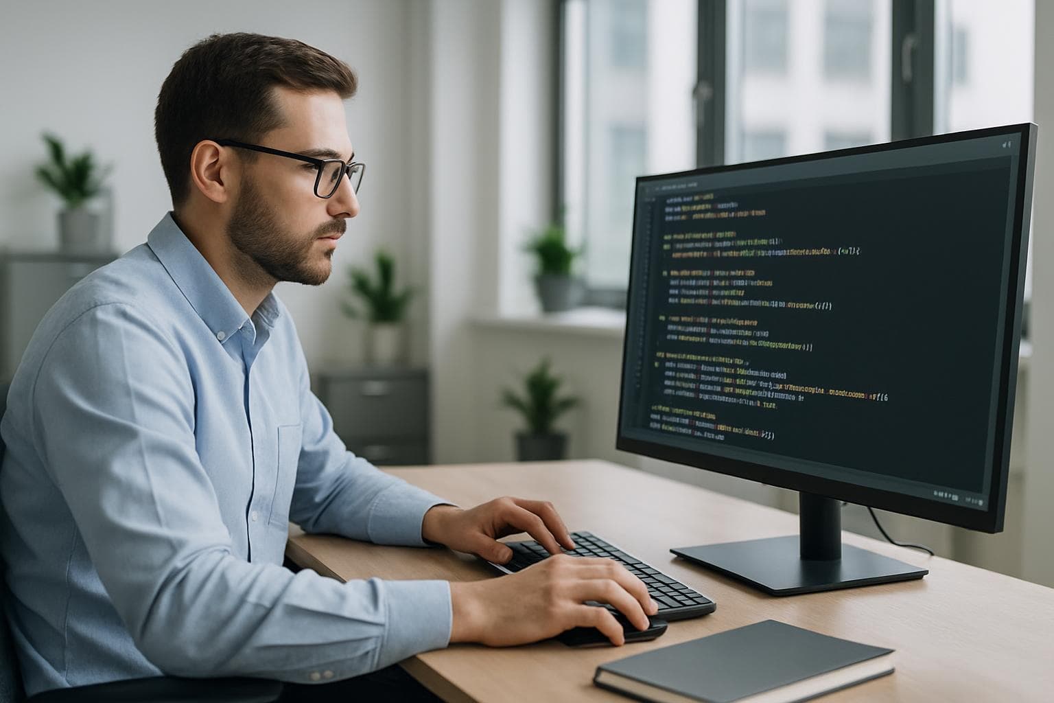 A data analyst working at a clean desk with a computer monitor, representing the Polars data analysis tutorial