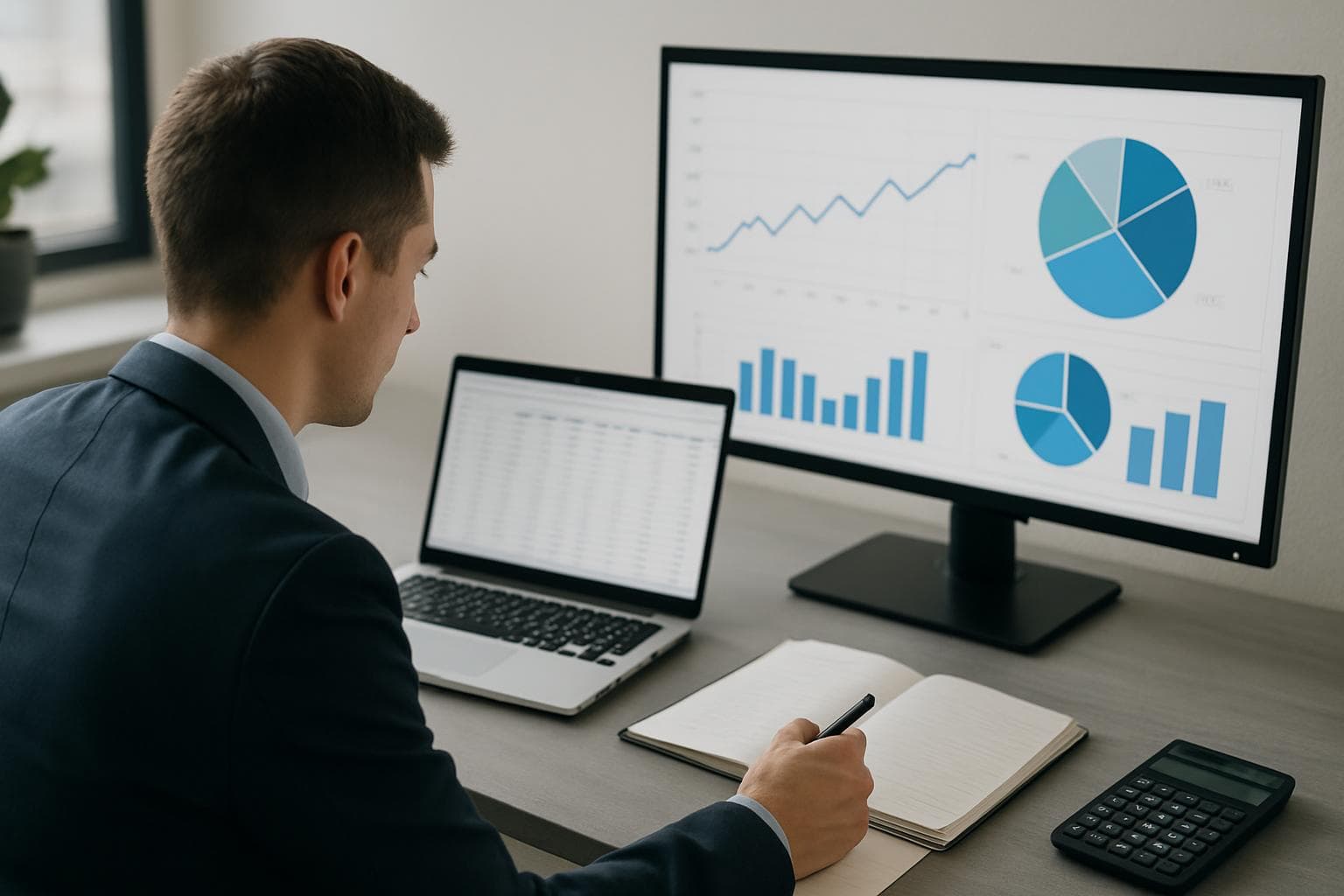 A professional editorial scene representing interactive Python data analysis with notebooks and code